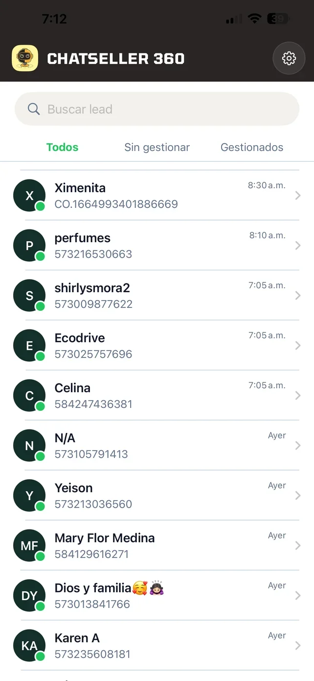 App de ChatSeller 360 con la lista de conversaciones